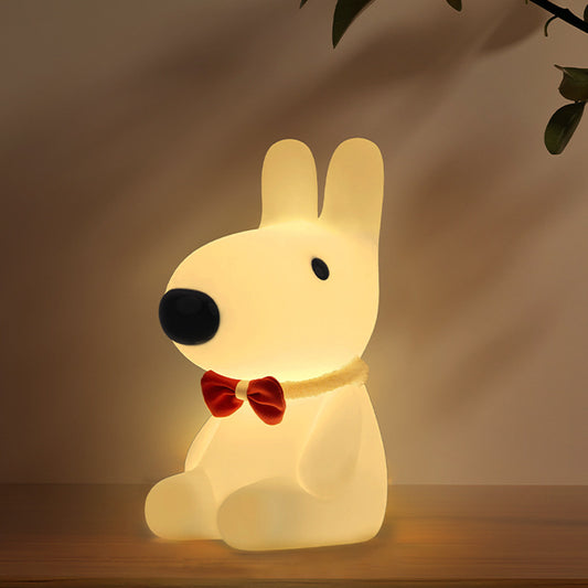 Upright-Eared Dog Night Light Silicone Squishy Puppy with Fuzzy Red Bowtie for Cozy Corners Perfect Gift