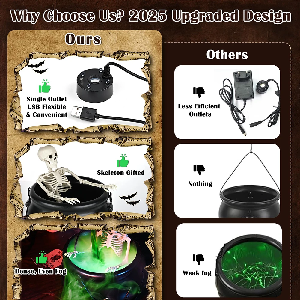 Flame Witch Cauldron Halloween Decoration Skull Potion Brewing Bucket with Floating Poison Bottle Spooky Party Prop