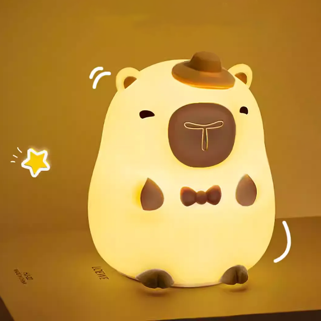 Huggwaii Capybara Silicone Squishy Night Light with Mini Hat and Bow Tie Perfect Gift