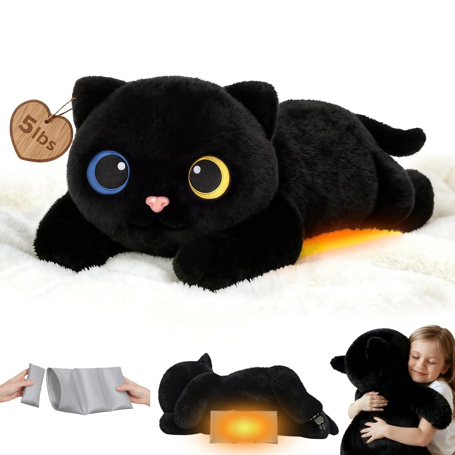 Mewaii® 5lb Weighted Stuffed Animals with Microwavable Heating Pad -  Adjustable, Heatable & Coolable Plush for Realistic Hug（Black Cat，23 INCH）