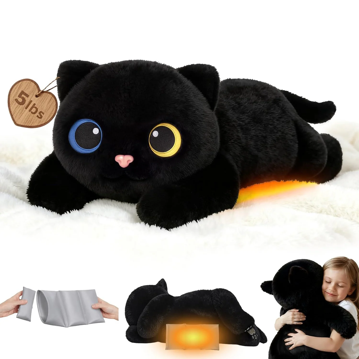 Mewaii® 5lb Weighted Stuffed Animals with Microwavable Heating Pad -  Adjustable, Heatable & Coolable Plush for Realistic Hug（Black Cat，23 INCH）