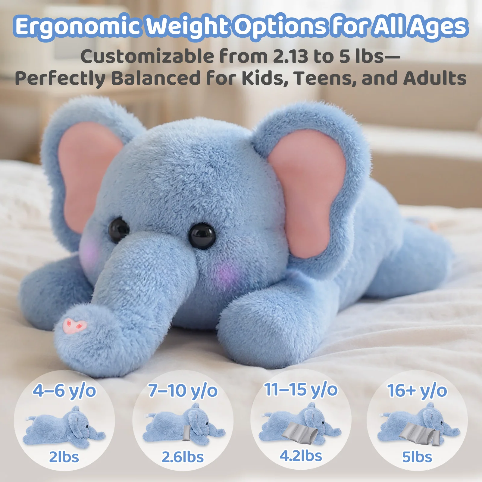 MeWaii® 5lbs Elephant Weighted Stuffed Animal  – Microwavable Plush Heating Pad for Removable Inner Pad, Relaxing Best Gift