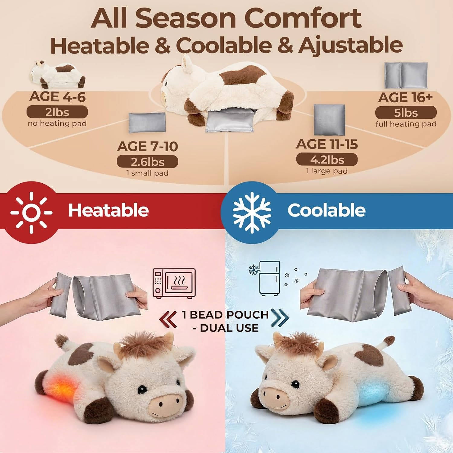 MeWaii® Pasture Cow Weighted Stuffed Animal with Microwavable Heating Pad