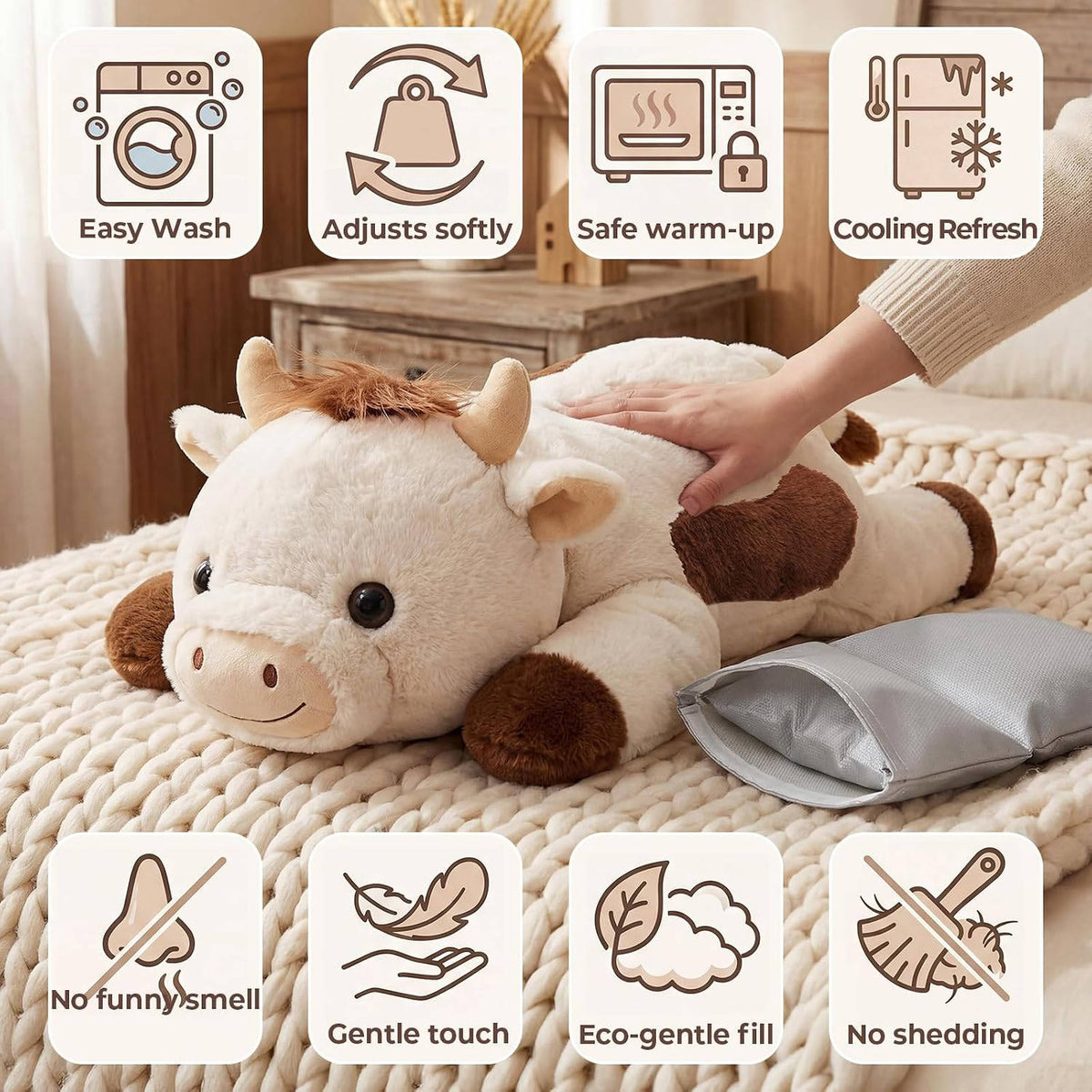 MeWaii® Pasture Cow Weighted Stuffed Animal with Microwavable Heating Pad