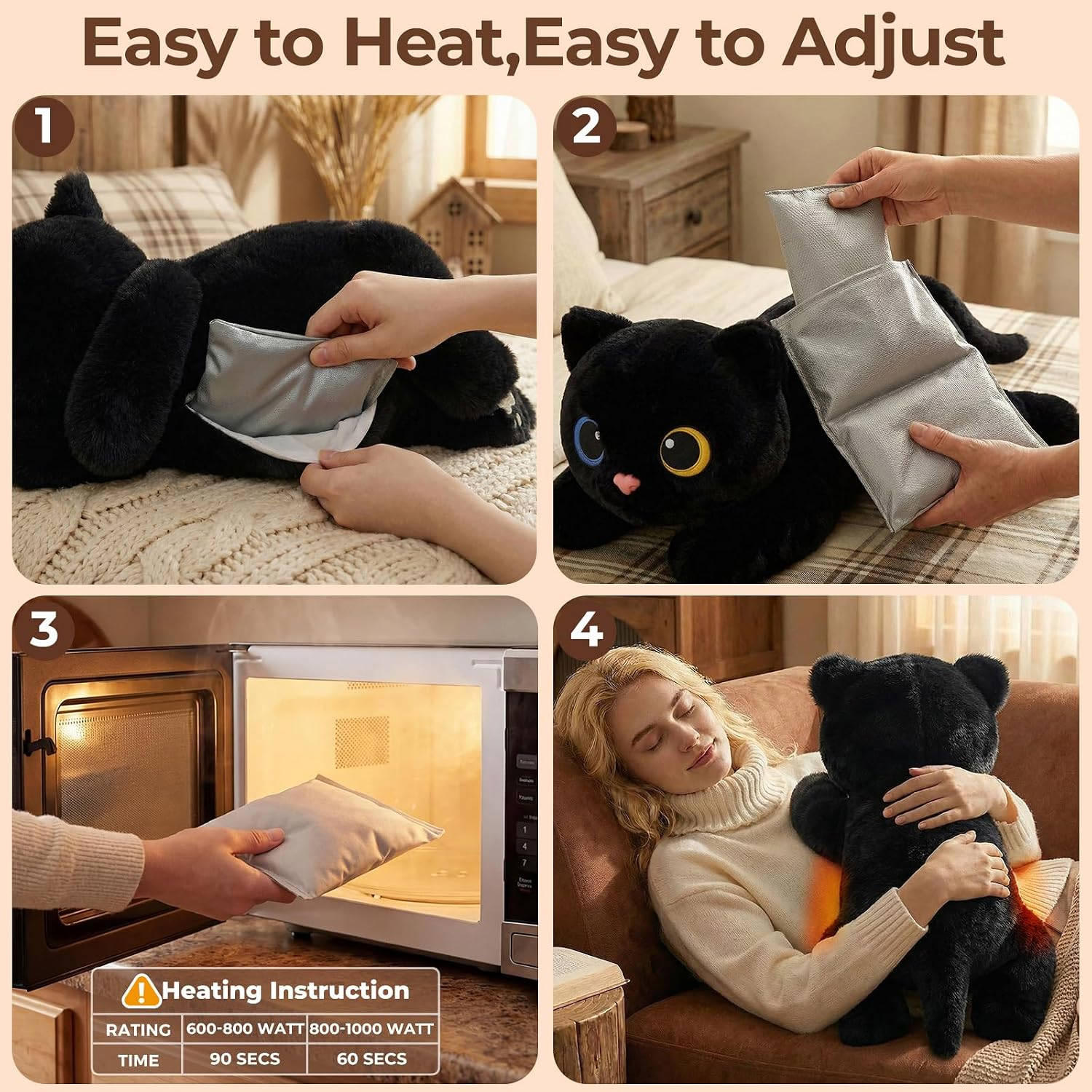 MeWaii® Black Cat Weighted Stuffed Animal with Microwavable Heating Pad