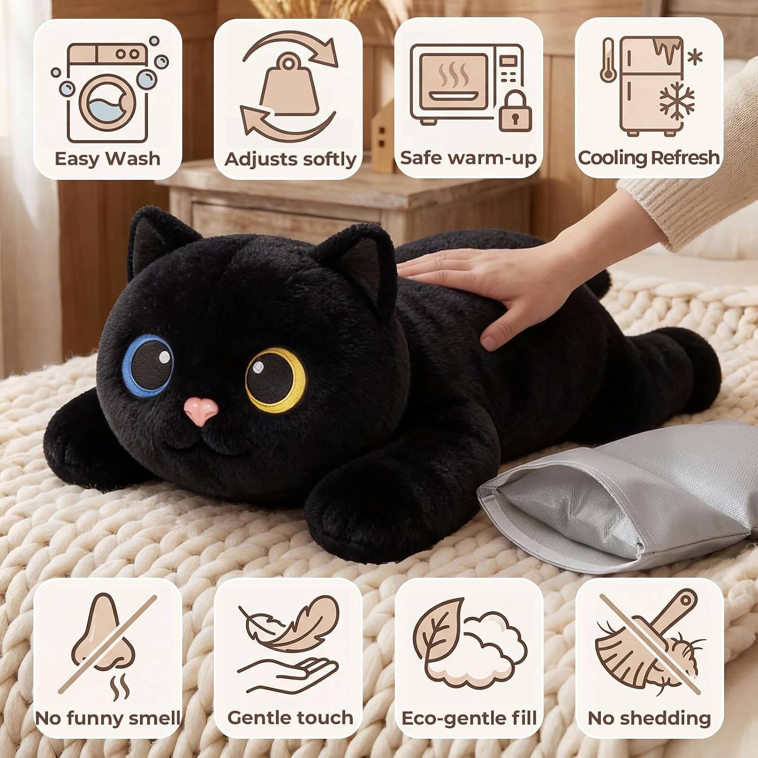 MeWaii® Black Cat Weighted Stuffed Animal with Microwavable Heating Pad