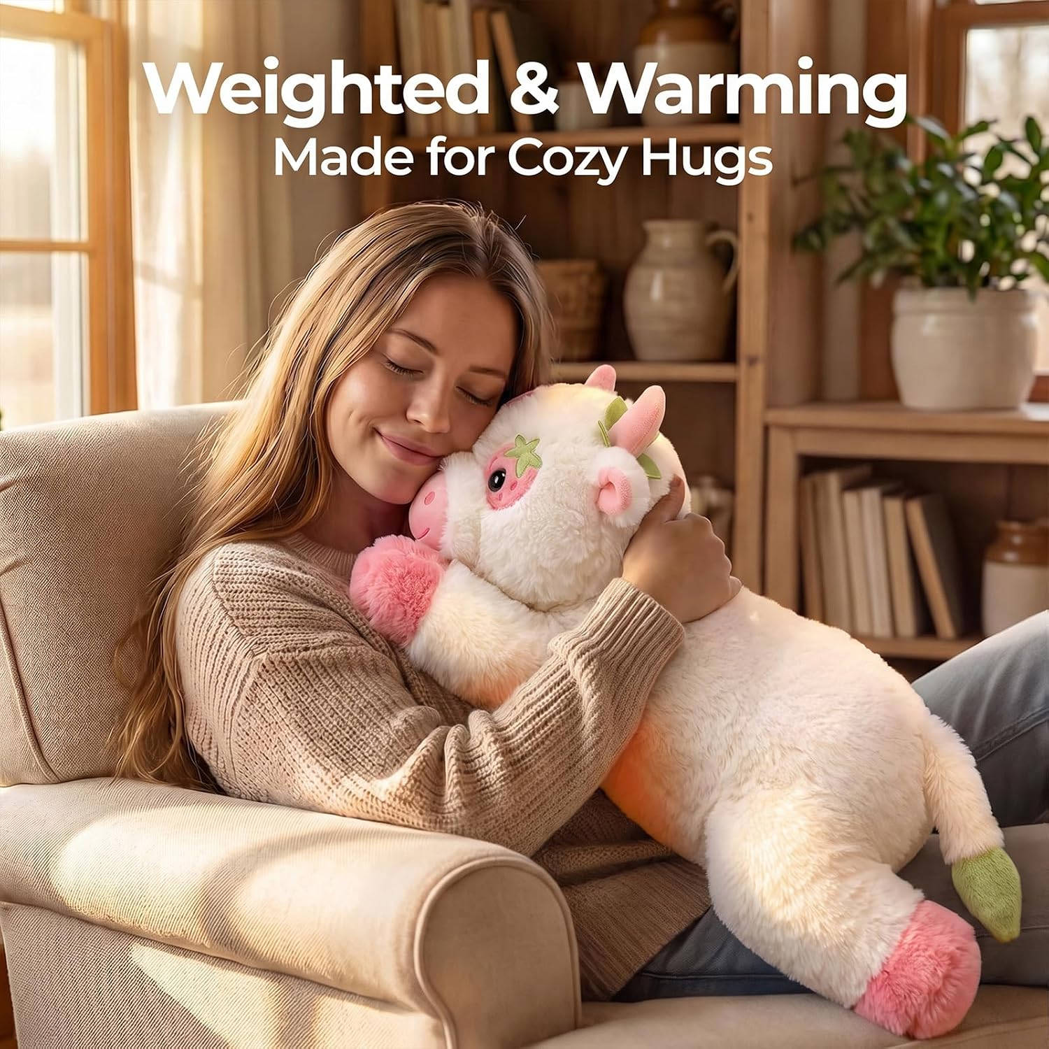 MeWaii® Strawberry Cow Weighted Stuffed Animal with Microwavable Heating Pad
