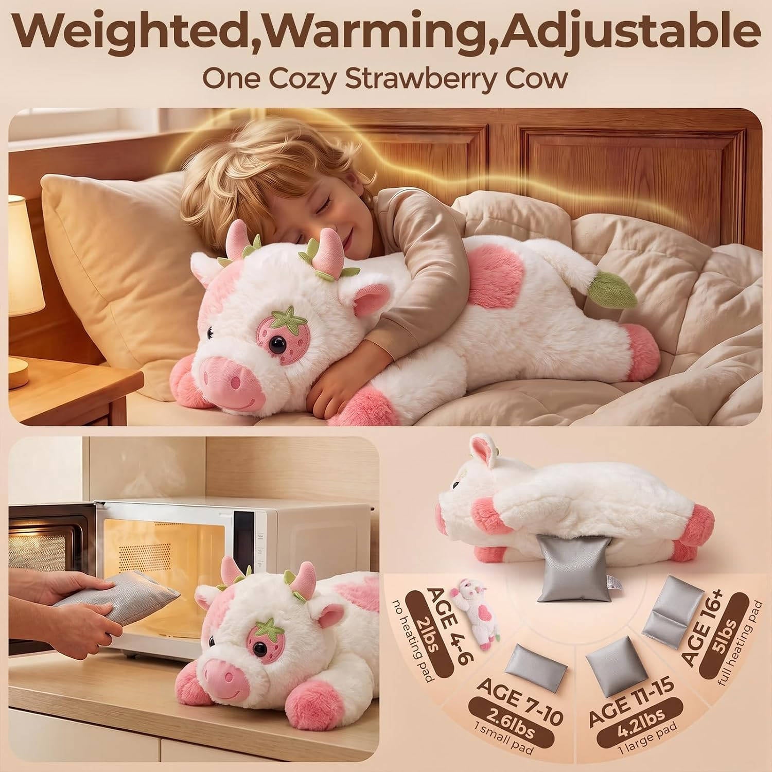 MeWaii® Strawberry Cow Weighted Stuffed Animal with Microwavable Heating Pad