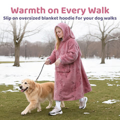 MeWaii® Rabbit Pink Wearable Blanket Hoodie for Adults, Cozy Oversized Sherpa & Flannel Sweatshirt with Giant Pocket, Gifts for Women