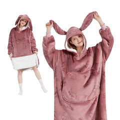 MeWaii® Rabbit Pink Wearable Blanket Hoodie for Adults, Cozy Oversized Sherpa & Flannel Sweatshirt with Giant Pocket, Gifts for Women