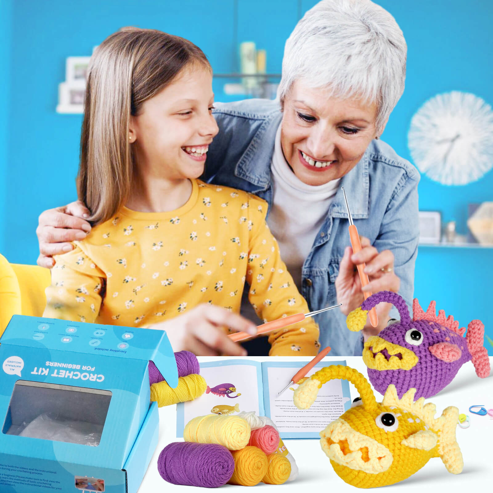 MeWaii® Crochet 2pcs Monkfish Crochet Kit For Beginners With Easy Peasy Yarn