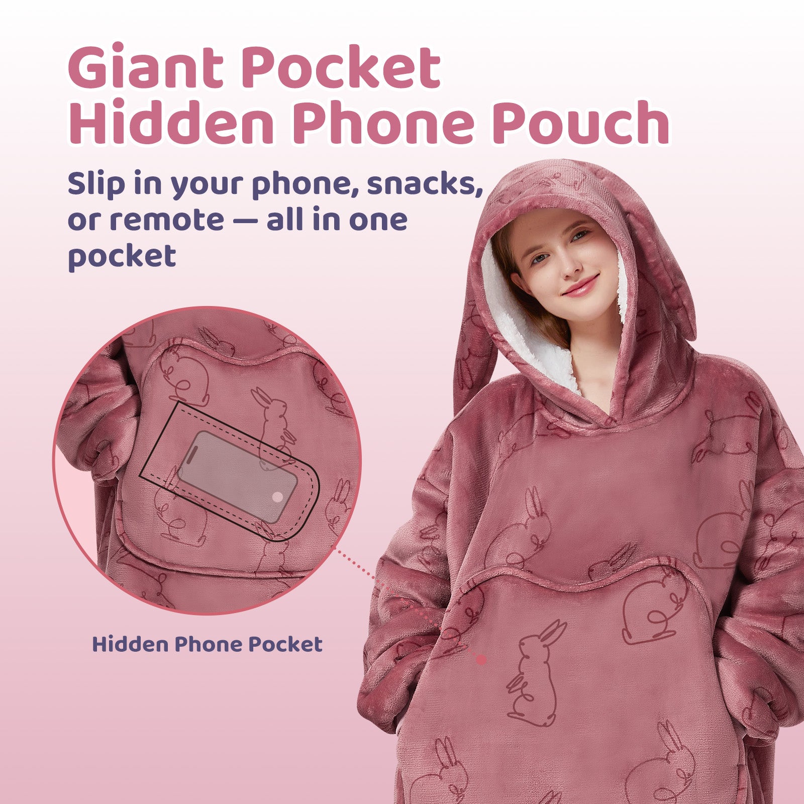 MeWaii® Rabbit Pink Wearable Blanket Hoodie for Adults, Cozy Oversized Sherpa & Flannel Sweatshirt with Giant Pocket, Gifts for Women