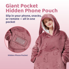 MeWaii® Rabbit Pink Wearable Blanket Hoodie for Adults, Cozy Oversized Sherpa & Flannel Sweatshirt with Giant Pocket, Gifts for Women