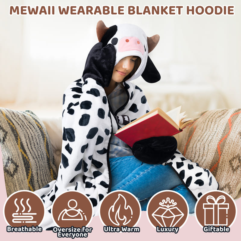 MeWaii® Brindle Cow Wearable Blanket Hoodie Oversized Flannel Sweatshirt Blanket Warm & Cozy Hooded Blanket Gifts