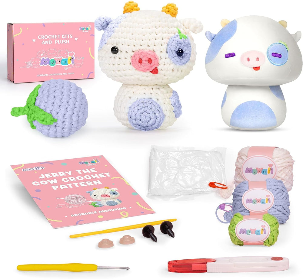 MeWaii® Crochet Blueberry Cow with Sample Plush Crochet Kit for Beginners with Easy Peasy Yarn