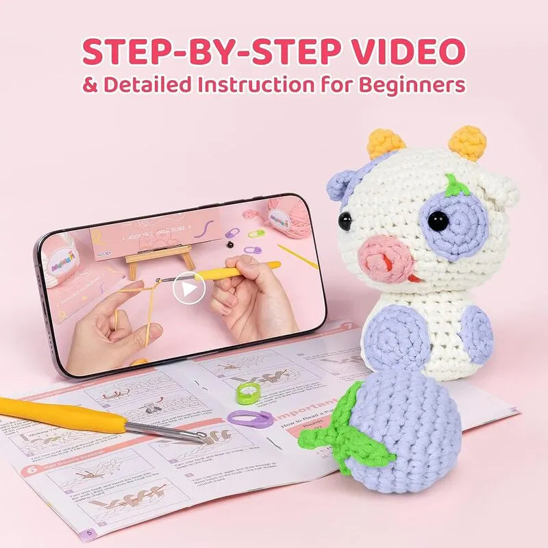 MeWaii® Crochet Blueberry Cow with Sample Plush Crochet Kit for Beginners with Easy Peasy Yarn
