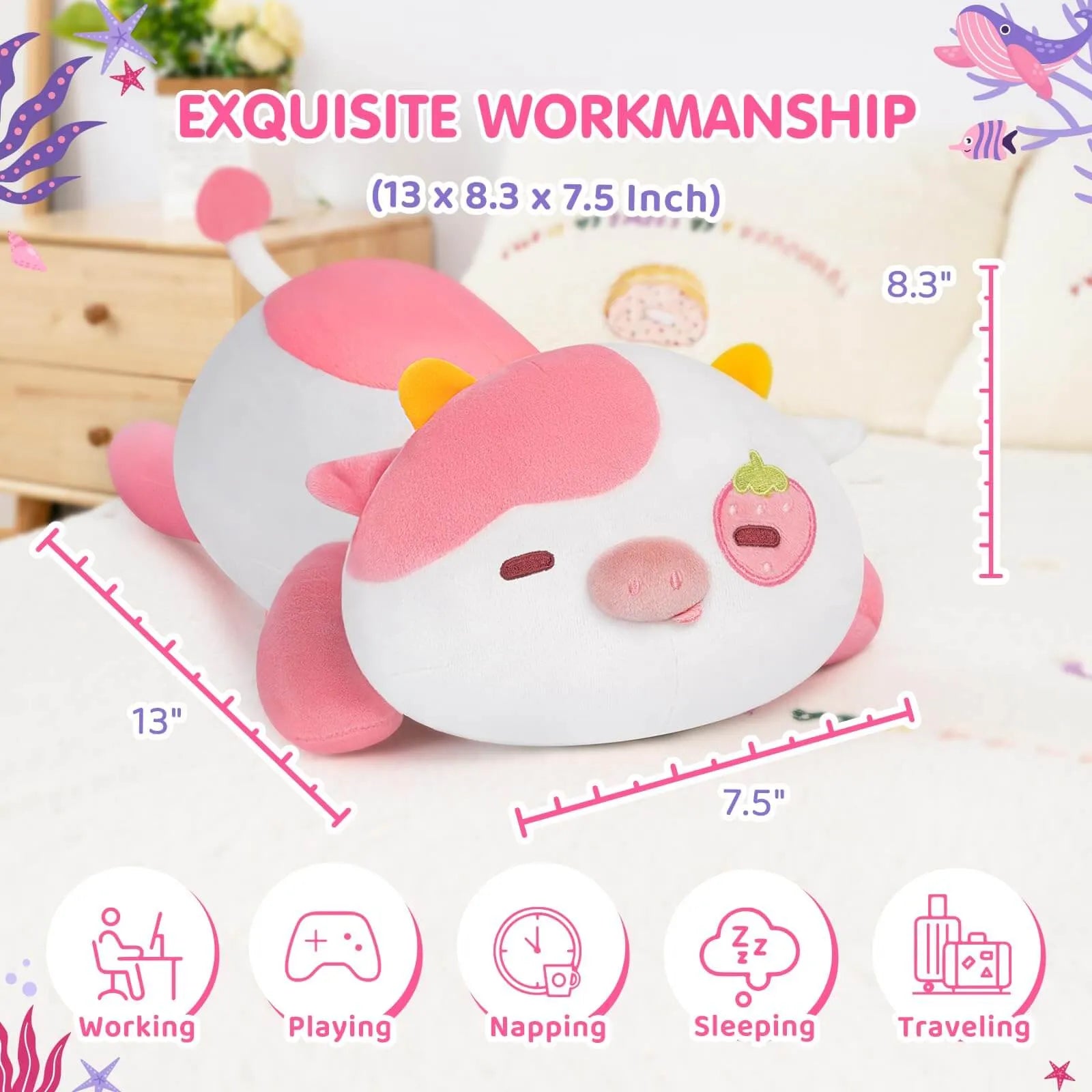 MeWaii® Cute Animal  Strawberry Cow Plush Pillow Kawaii Plushies Stuffed Toys Squishy Plushies Cuddle Body Pillow