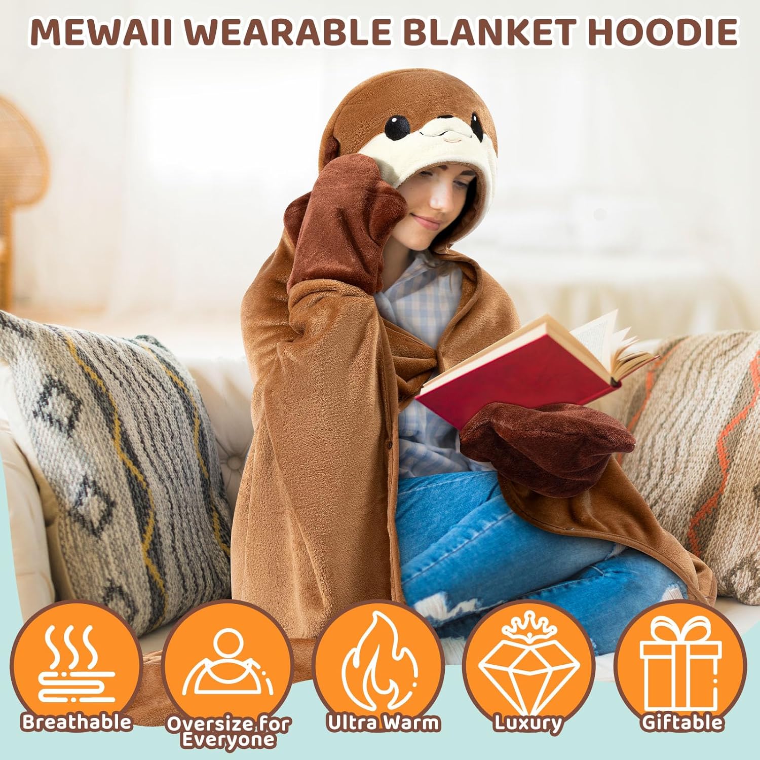 MeWaii® Ultimate Softness Otter Wearable Blanket Hoodie – Full Coverage with Easy Movement,Oversized Warm and Cozy Flannel, Gift for Adult