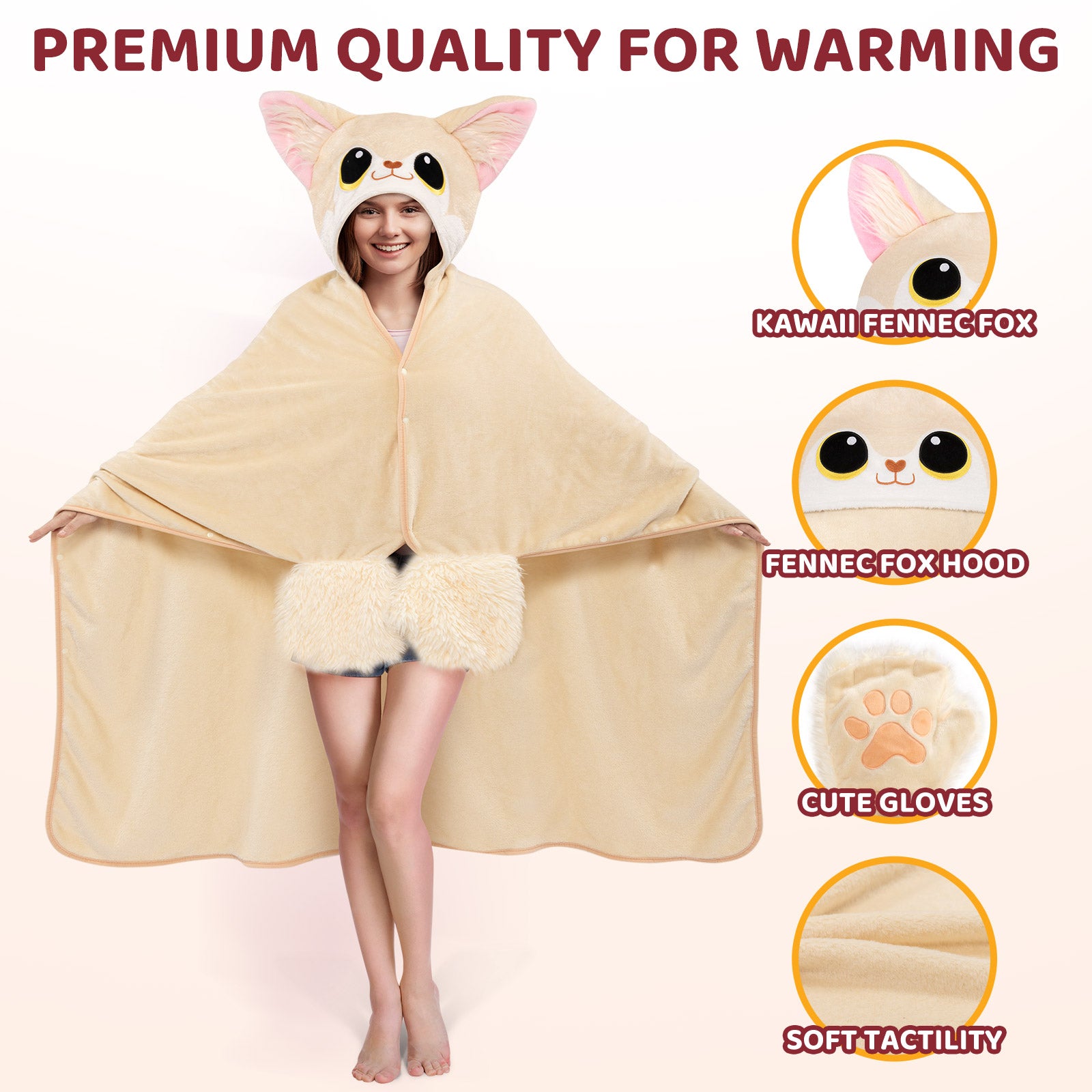 MeWaii Fennec Fox Wearable Blanket Hoodie Ultra Soft Oversized Cozy Blanket for Warm Hugs & Relaxing Moments