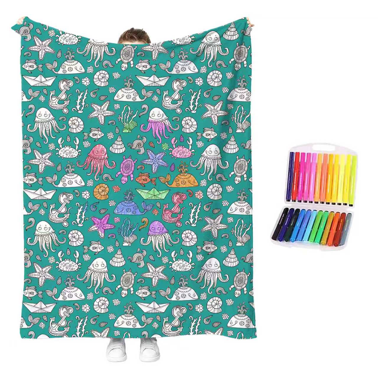 MeWaii® Color-in Blanket – Stress-Relief DIY Blanket with Included Coloring Pens