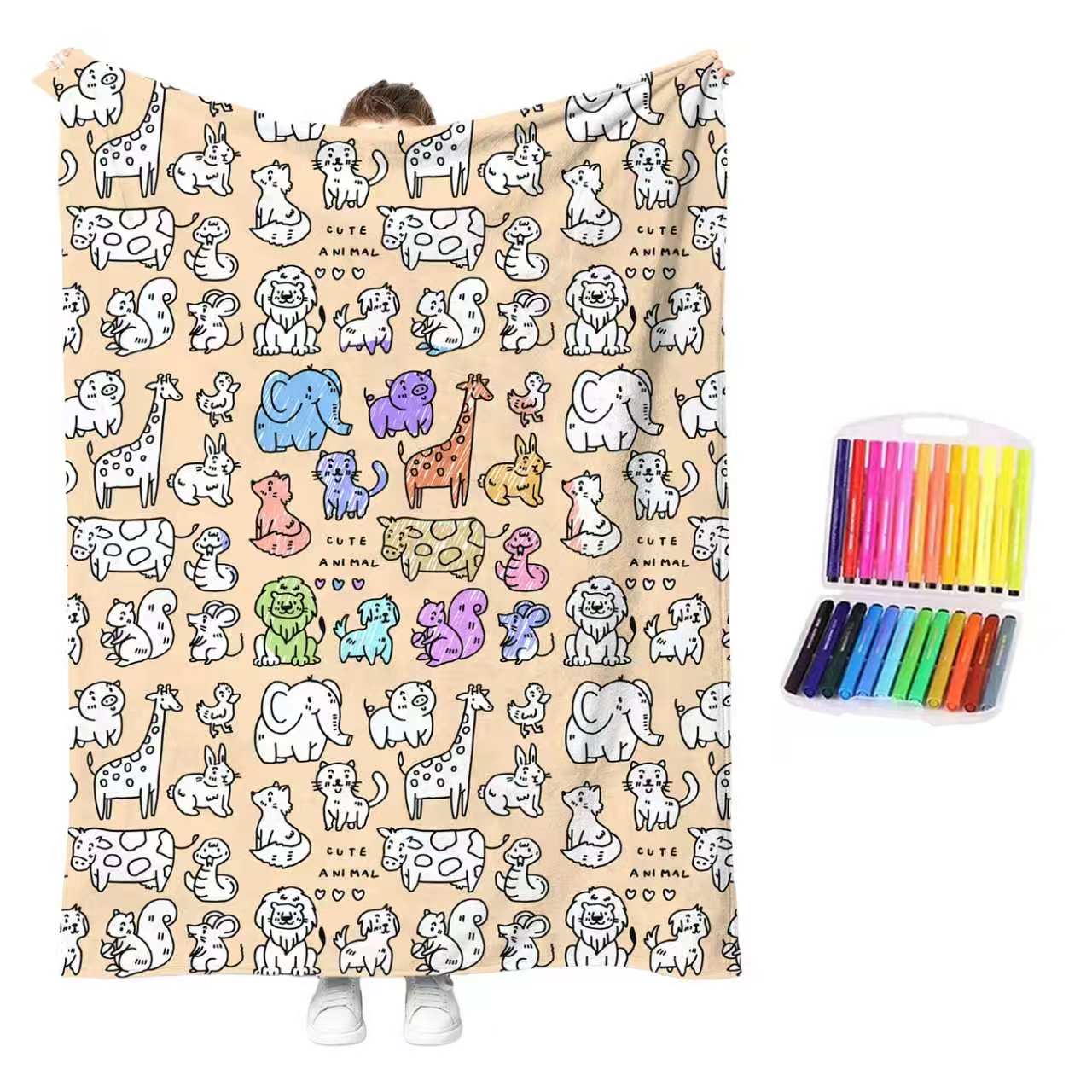 MeWaii® Color-in Blanket – Stress-Relief DIY Blanket with Included Coloring Pens