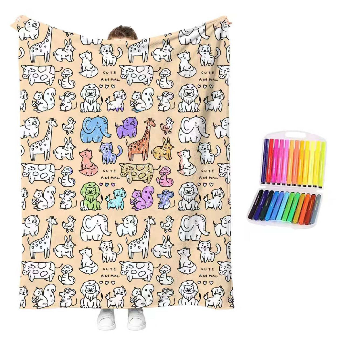 MeWaii® Color-in Blanket – Stress-Relief DIY Blanket with Included Coloring Pens