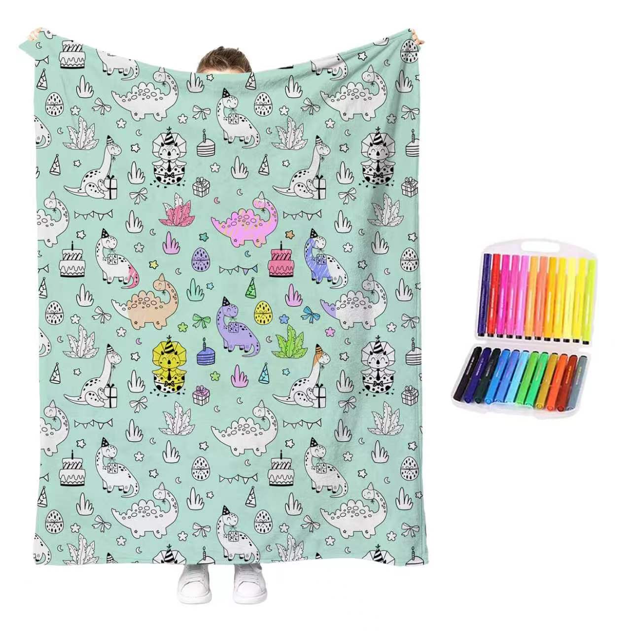 MeWaii® Color-in Blanket – Stress-Relief DIY Blanket with Included Coloring Pens