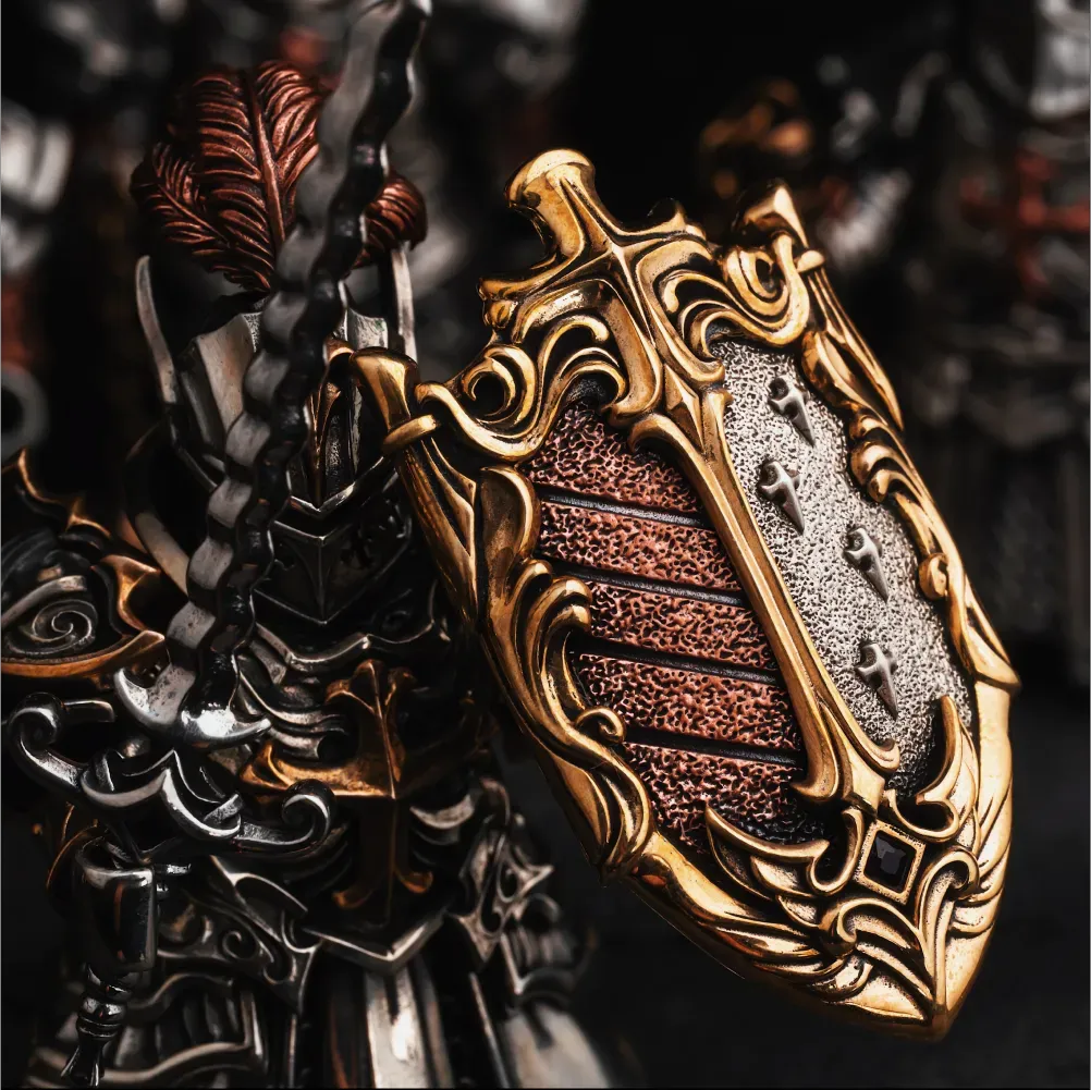 Crimson Templar Collectible Figure Detachable Bronze Copper Knight Statue with Sword Shield Cape Wings Medieval Fantasy