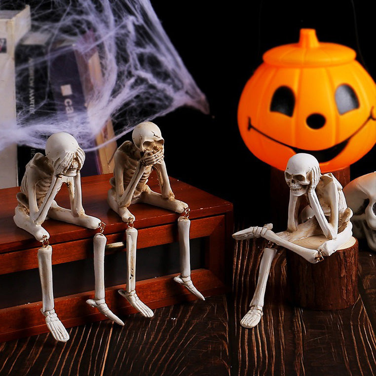 3 Skeleton Figurines No See Hear Speak Resin Gothic Skeleton Statues with Movable Legs