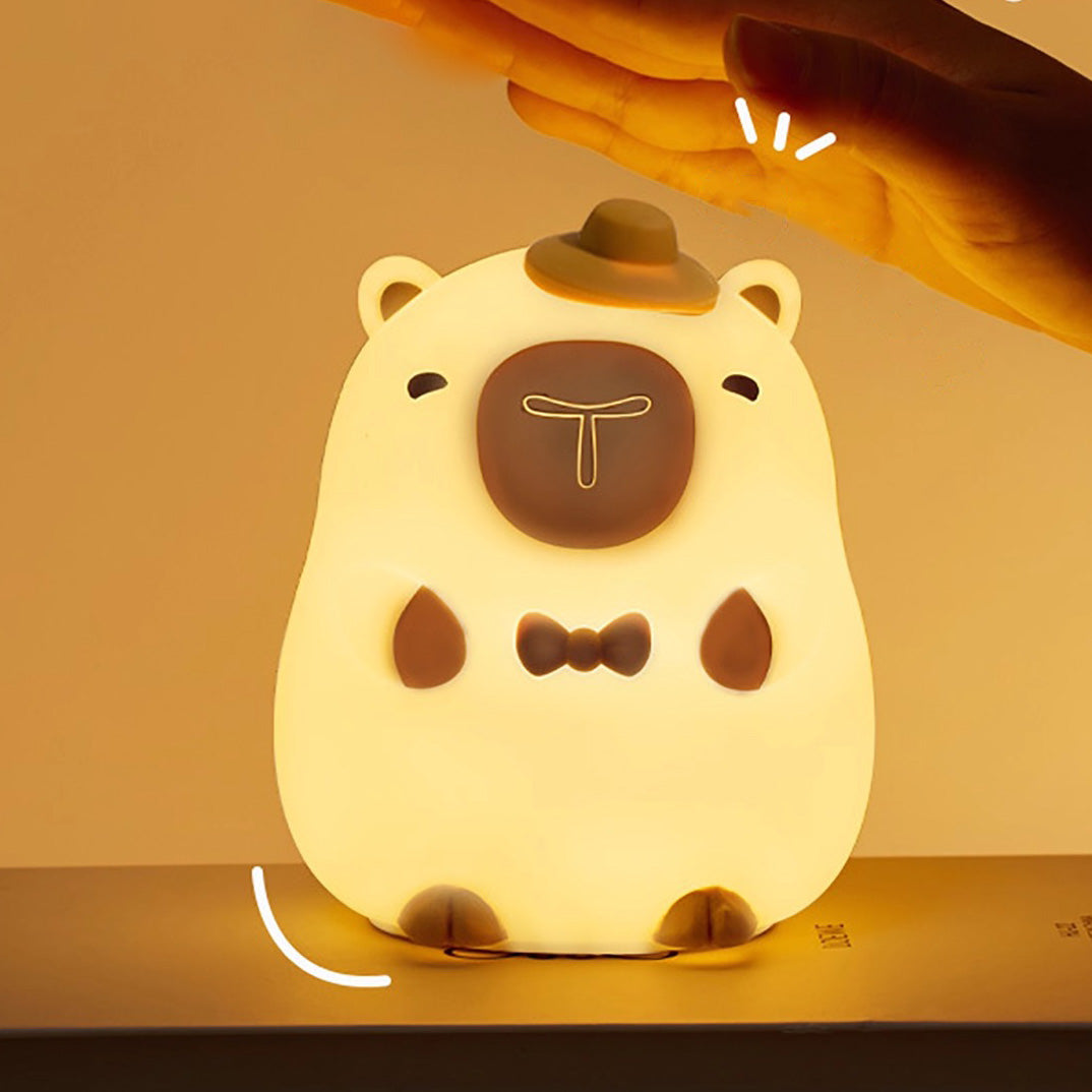Huggwaii Capybara Silicone Squishy Night Light with Mini Hat and Bow Tie Perfect Gift
