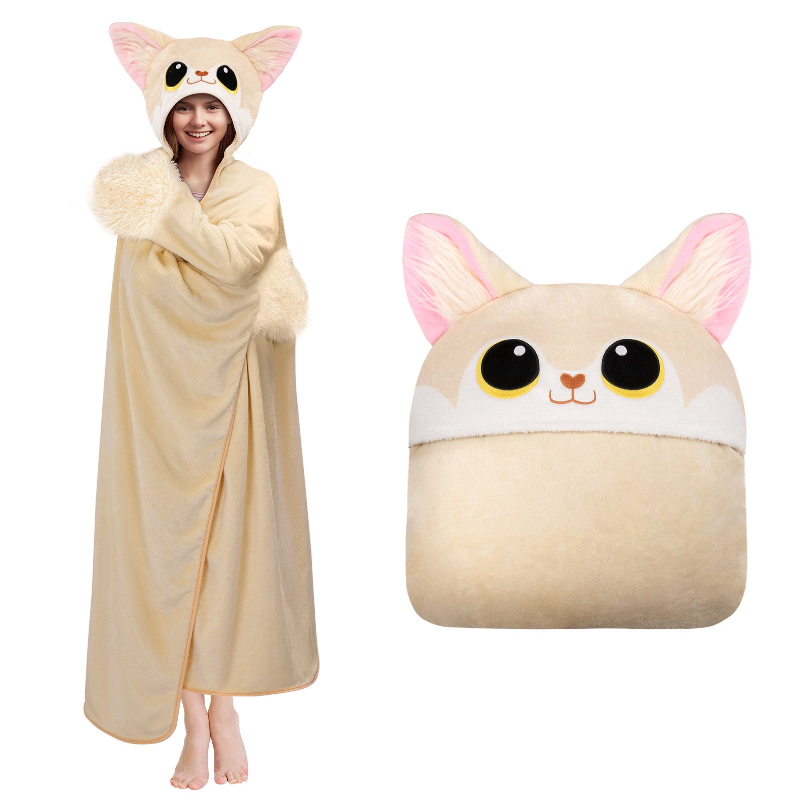 MeWaii® Fennec Fox Wearable Blanket Hoodie Ultra Soft Oversized Cozy Blanket for Warm Hugs & Relaxing Moments